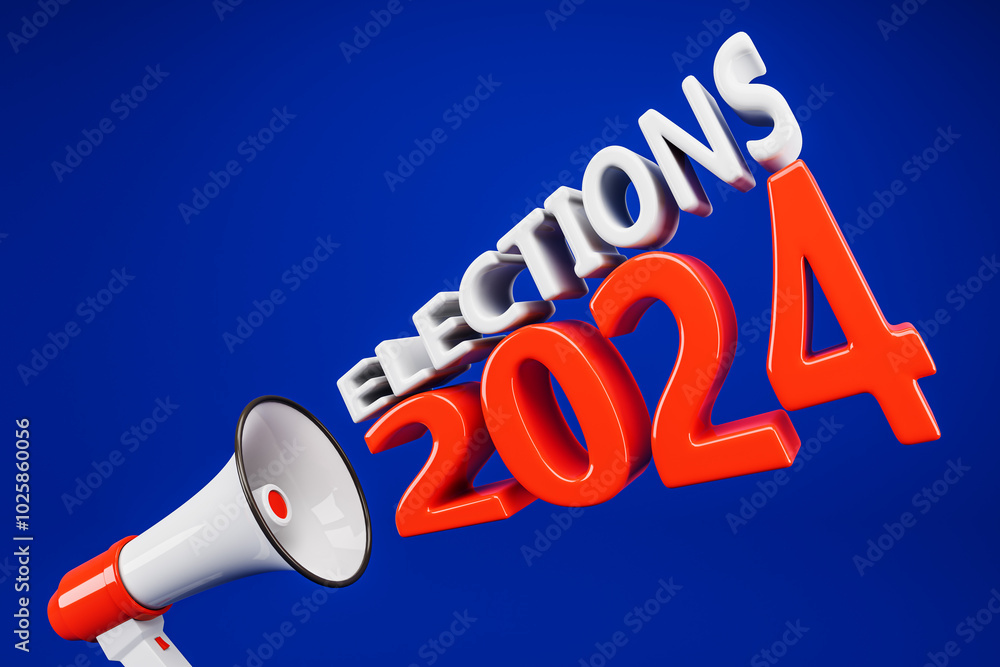 Poster elections 2024 banner with a megaphone on a blue background. 3d rendering