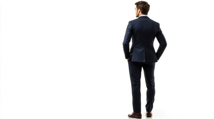 Full-body back view of man in professional business suit, standing confidently on white background. Ready for success