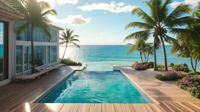 A stunning view of a luxury pool overlooking a turquoise ocean with a modern home and lush palm trees. The wooden deck adds to the relaxing atmosphere.
