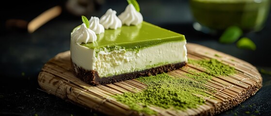  A cake sits atop a wooden cutting board, accompanied by a cup of green tea and a spoon