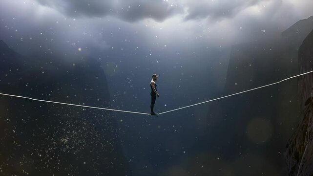 A lone figure walks a tightrope high above a dramatic mountain landscape. The stormy sky adds a sense of danger and suspense to the scene.