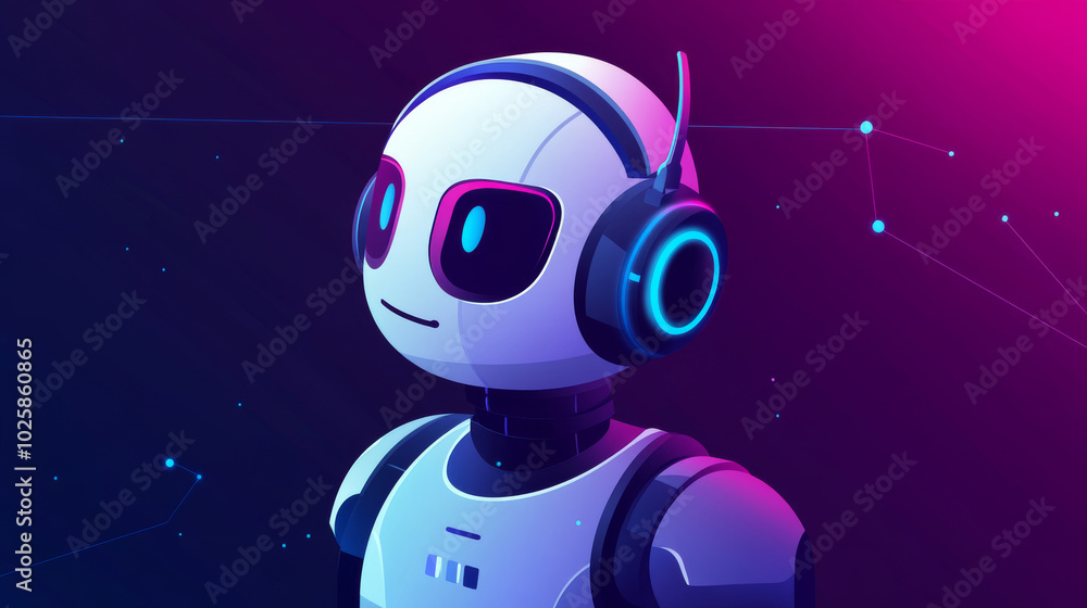 Poster a robot with headphones and a microphone helps answer questions. it looks like an avatar or a user p