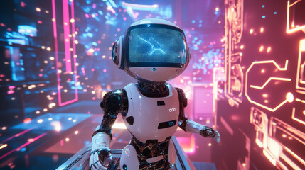 A robot with a human-like face, powered by artificial intelligence, floats above a platform in a virtual world. Its brain is a supercomputer, running on a complex network of artificial neurons.