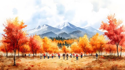 Watercolor scene of workers volunteering for community service projects