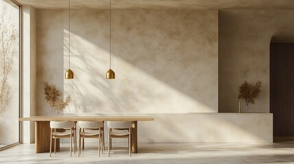 A minimalist dining room design with a large window and a wooden table, emphasizing simplicity and light.