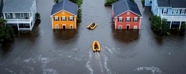 A street view captures houses partially submerged in water