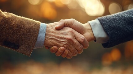 Handshake, old man's hand and young man's hand, close-up, on light background, great quality and texture
