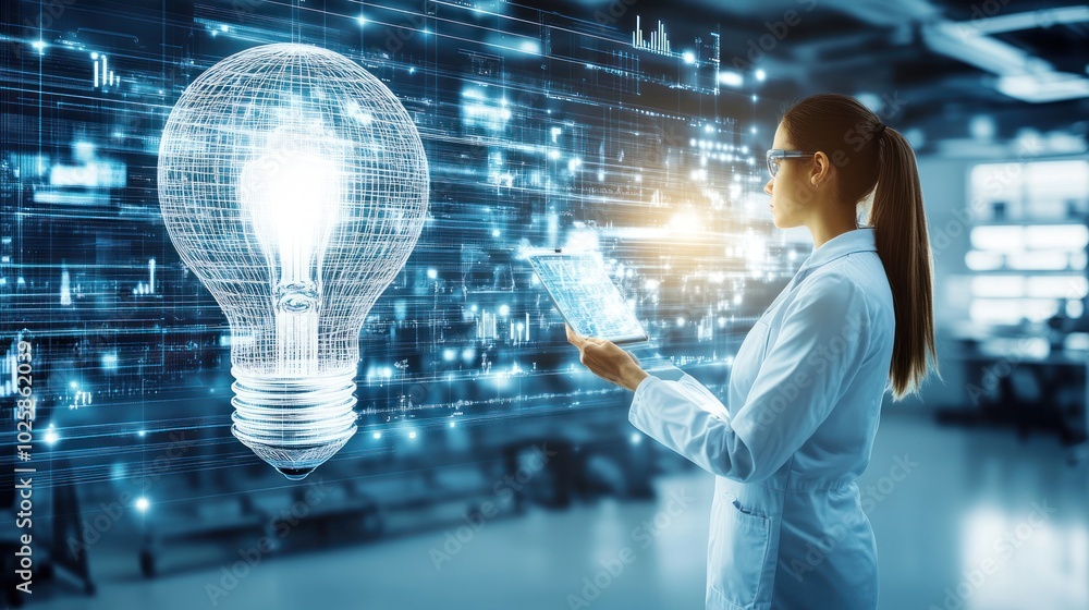 Poster scientist holding a tablet in front of a large lightbulb