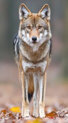 Obraz premium A wolf, brown and black, atop a leafy mound near a dense forest teeming with trees