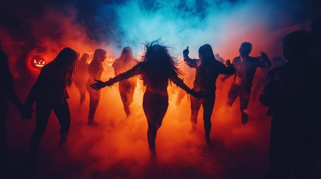 High resolutions image of halloween night party, people activity, night colorful style, magazine photography, raw style.