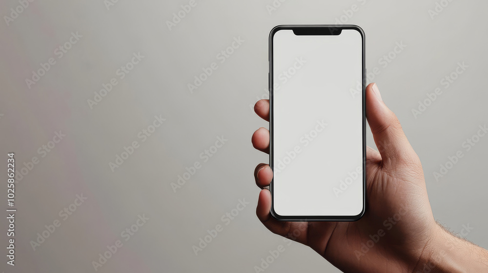 Poster a hand holding a smartphone with a blank screen. the image is realistic and designed for digital use