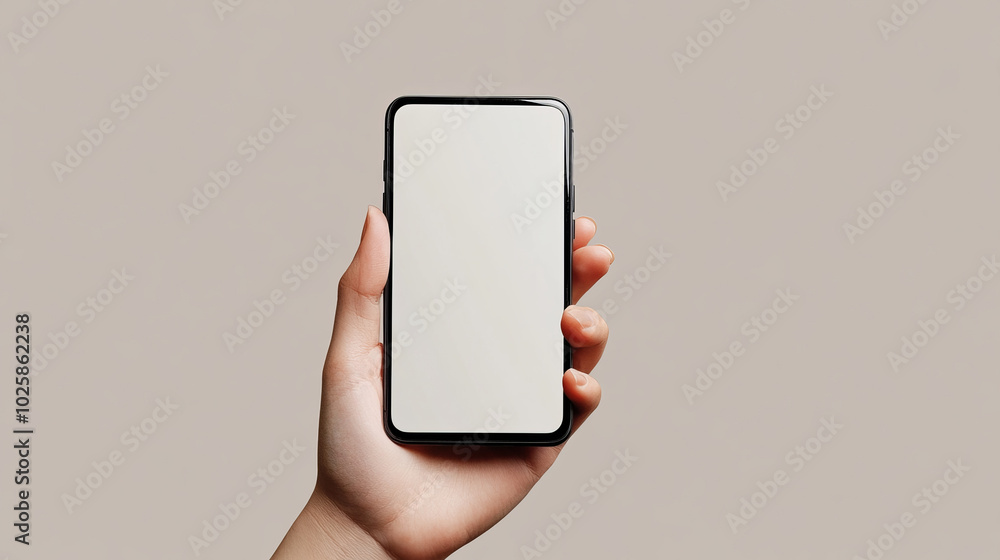 Poster a hand holding a smartphone with a blank screen. the image is realistic and designed for digital use