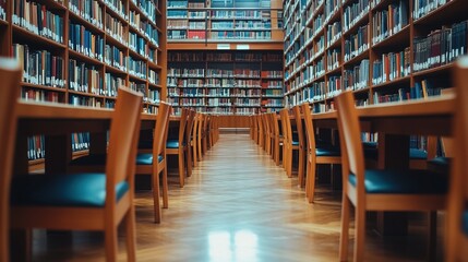 Obraz premium A long table with chairs in a quiet library setting