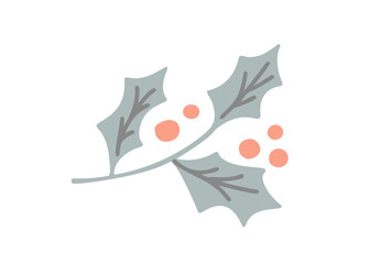 Christmas mistletoe and leaf, winter holly berries vector icon, xmas decoration, red ilex branch isolated on white background. Cartoon holiday illustration