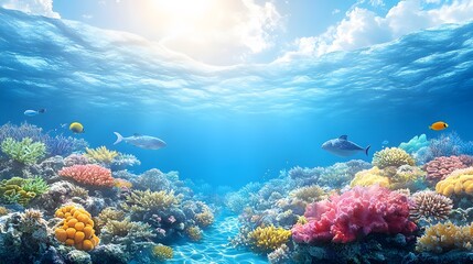 Watercolor painting of a vibrant coral reef and marine life to promote ocean conservation