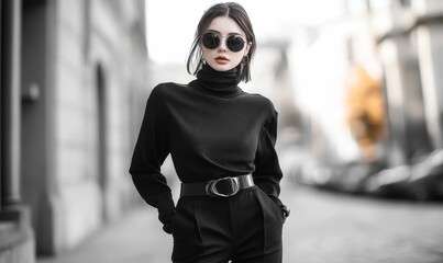 Obraz premium Woman in black outfit, sunglasses, city background.