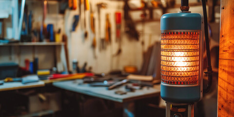 A cylindrical electric heater emits a warm glow in a cluttered workshop, surrounded by various tools and equipment, creating a cozy and productive atmosphere.