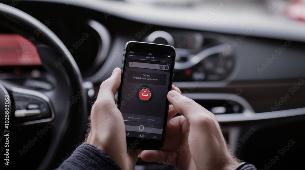 Poster a smartphone app controls a car's security system wirelessly. it alerts the owner about the car's sa
