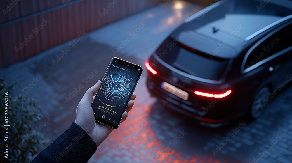 Aufkleber a smartphone app controls a car's security system wirelessly. it alerts the owner about the car's sa