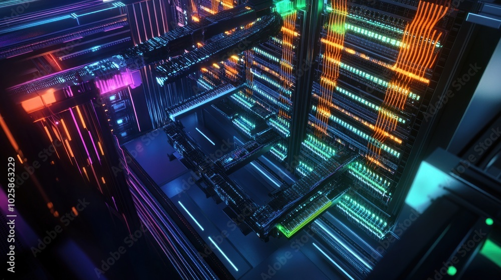 Poster a vibrant digital representation of a futuristic data center with glowing circuits.