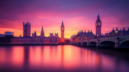 Fototapeta premium London's iconic big ben skyline and the surrounding area, front view with building reflection on water