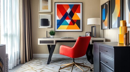 Modern office space featuring a stylish desk, colorful artwork, and contemporary decor.