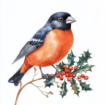 recommend clip art: The bullfinch bird sits on the green branch in the winter. A cute bird in the winter isolated on a white background.