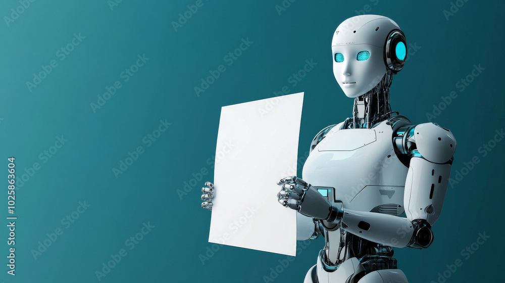 Poster a female robot, powered by ai, stands holding a blank sign. she's presenting a business report about