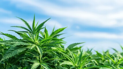 Obraz premium A lush growing marijuana field stretches under a bright sunny sky