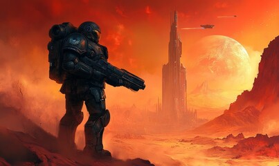 Space soldier standing on a desert planet.