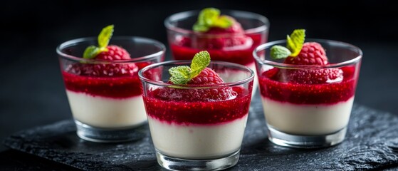  Four glasses, each holding dessert topped with raspberries and cream, sit against a black cloth A green leaf adorns the rim of one glass