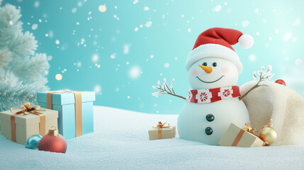 snowman surrounded by snow covered landscape, gift boxes and huge sack in pastel blue background