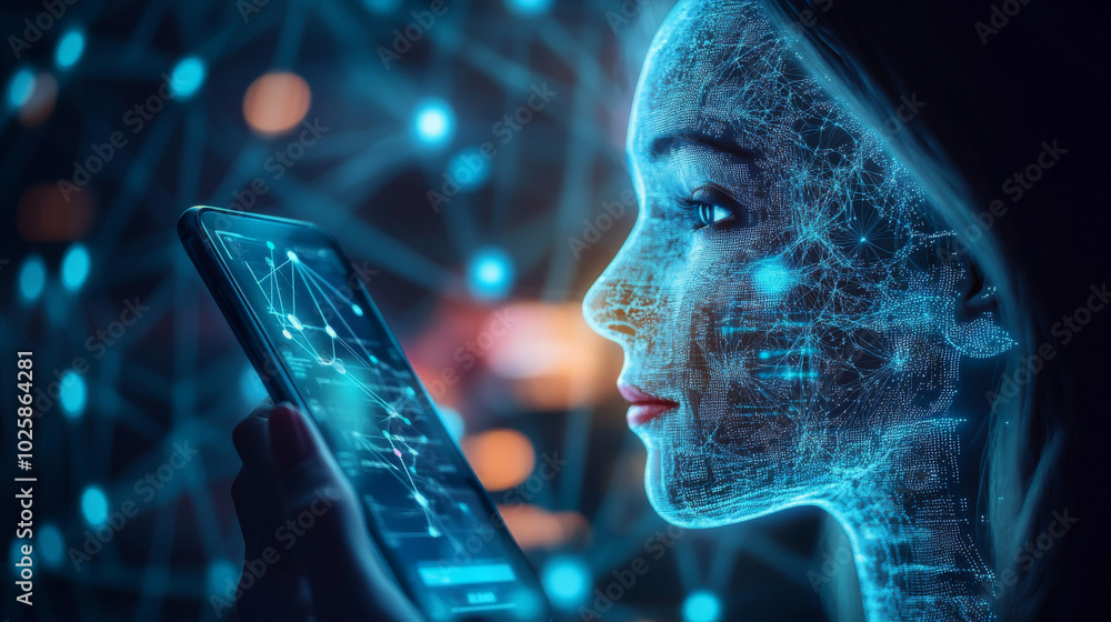 Poster an ai-powered face on a phone screen uses artificial intelligence to analyze data.this innovative co