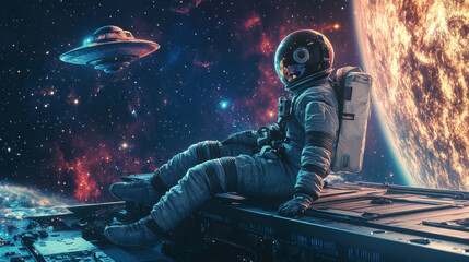 Fototapeta premium A space traveler sits on a spaceship, looking at the stars. The picture shows an astronaut in a cool space suit on a platform of a space station, with a flying saucer nearby.