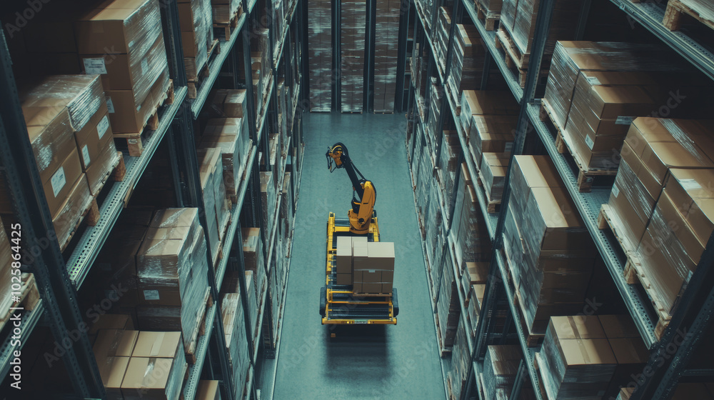 Poster robot arms are used in smart warehouses to efficiently move boxes onto pallets. this automation help