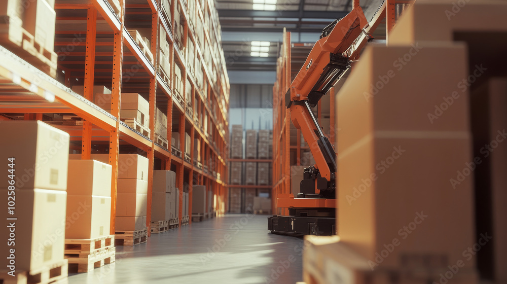 Poster robot arms are used in smart warehouses to efficiently move boxes onto pallets. this automation help