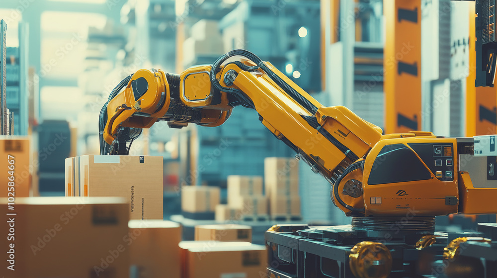 Poster robot arms are used in smart warehouses to efficiently move boxes onto pallets. this automation help