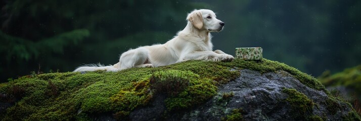 Fototapeta premium A white dog atop a moss-covered rock, surrounded by forest trees