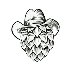 black and white illustration of hops wearing a cowboy hat