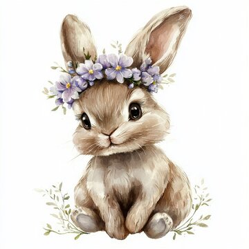 recommend clip art: A pastel bunny with an elegant pink floral wreath. Isolated background, animals illustration. A unique nursery wall decoration.