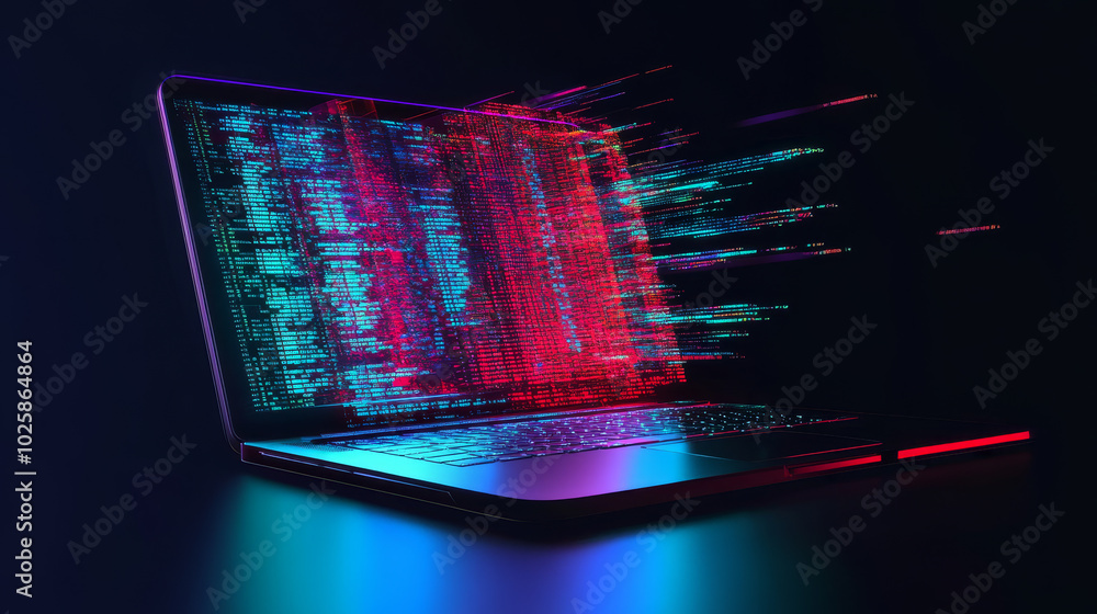 Poster a laptop with its screen open, showing code and software. this represents the process of creating so