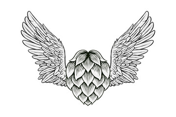 black and white illustration of hops with wings