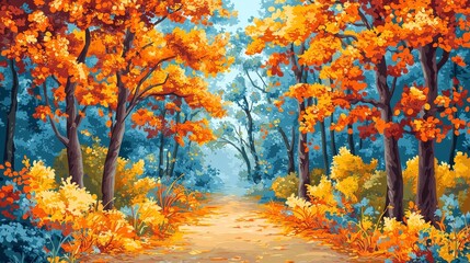 The golden leaves of autumn decorate the forest path on this serene autumn day