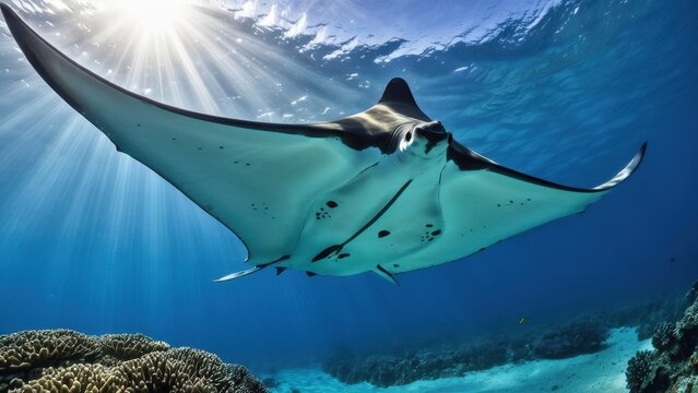 Beautiful image of a mantarraya (stingray) swimming in crystal-clear waters above a coral reef, with sunlight streaming through the ocean. Ideal for nature, marine, and underwater photography themes