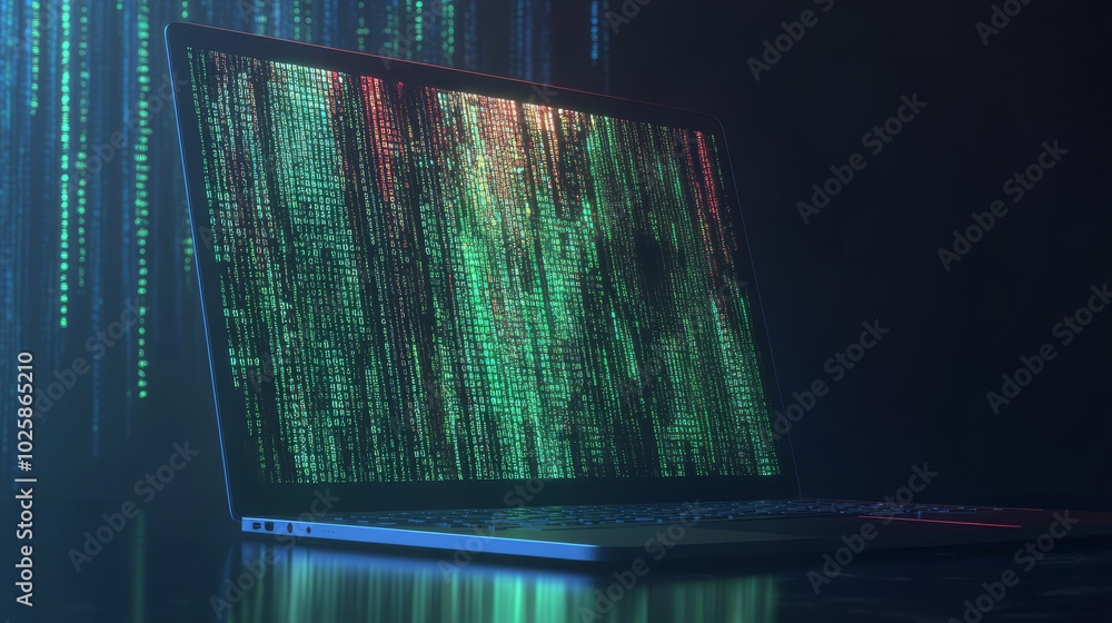 Poster a laptop with its screen open, showing code and software. this represents the process of creating so