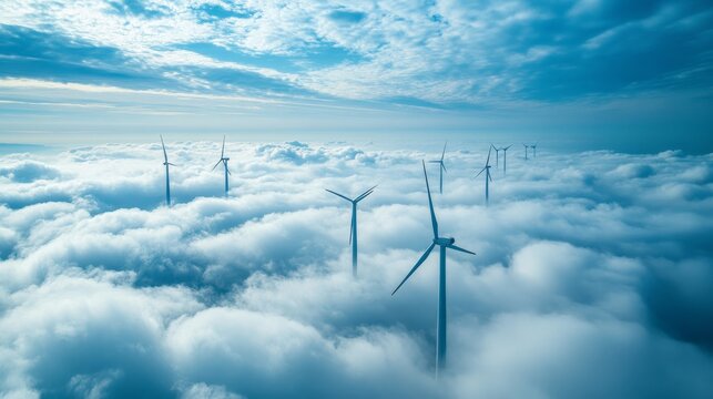 Horizontal photo of wind turbines appearing of soft clouds, soft lighthing
