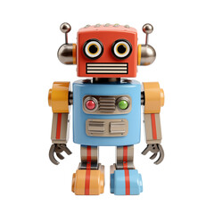A brightly colored retro robot toy standing on a transparent background, showcasing its playful design and mechanical features