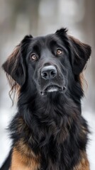  A tight shot of a black and brown dog against a backdrop of snow-covered ground and trees in the distance