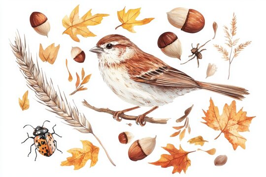 recommend clip art: Nature-inspired flock of sparrows with autumn leaves and beetles. Watercolor design.