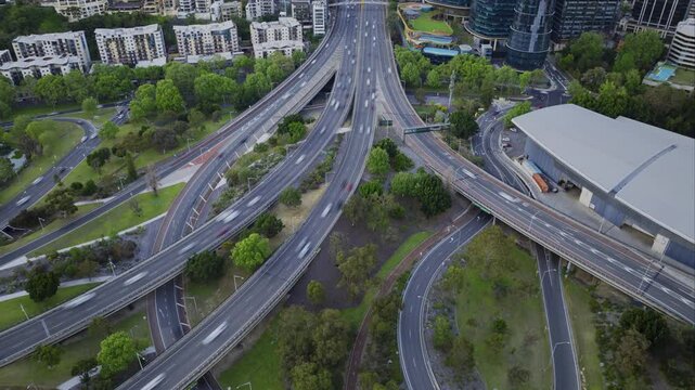 4K Aerial Drone time lapse/Hyperlapse traffic jam interchange freeway road shot mitchell freeway top down, Perth City, Western Australia.